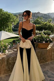 Elegant Pink A-Line Spaghetti Straps Black Satin Party Dress Long Prom Dresses HZ1121