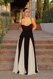 Elegant Pink A-Line Spaghetti Straps Black Satin Party Dress Long Prom Dresses HZ1121