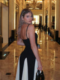 Elegant Pink A-Line Spaghetti Straps Black Satin Party Dress Long Prom Dresses HZ1121