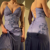 Sexy Purple Spaghetti Straps Appliques Chiffon Prom Dresses Birthday Outfits Classy Party Dress Formal Dress HZ1121