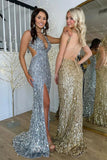 Elegant Gold Sequins Mermaid Long Prom Dresses with Slit Sexy Prom Dress HZ1121