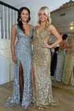 Elegant Gold Sequins Mermaid Long Prom Dresses with Slit Sexy Prom Dress HZ1121