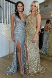 Elegant Gold Sequins Mermaid Long Prom Dresses with Slit Sexy Prom Dress HZ1121