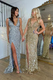 Elegant Gold Sequins Mermaid Long Prom Dresses with Slit Sexy Prom Dress HZ1121