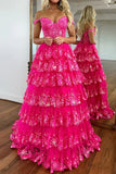 Chic Glitter Ball Gown Hot Pink Corset Off the Shoulder Lace Long Prom Dress Evening Dresses HZ1121
