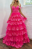 Chic Glitter Ball Gown Hot Pink Corset Off the Shoulder Lace Long Prom Dress Evening Dresses HZ1121
