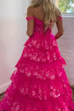 Chic Glitter Ball Gown Hot Pink Corset Off the Shoulder Lace Long Prom Dress Evening Dresses HZ1121