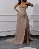 Sexy Beaded Neckline Long Sequined Mermaid Slit Evening Dress Birthday Outfits Party Dress Formal Dress HZ1121