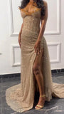 Sexy Beaded Neckline Long Sequined Mermaid Slit Evening Dress Birthday Outfits Party Dress Formal Dress HZ1121