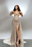 Sexy Beaded Neckline Long Sequined Mermaid Slit Evening Dress Birthday Outfits Party Dress Formal Dress HZ1121