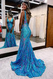 Sexy Charming Mermaid V Neck Blue Sequined Lace Long Prom Dress Evening Dresses HZ1121