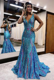 Sexy Charming Mermaid V Neck Blue Sequined Lace Long Prom Dress Evening Dresses HZ1121