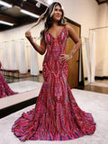 Sexy Charming Mermaid V Neck Blue Sequined Lace Long Prom Dress Evening Dresses HZ1121