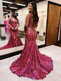 Sexy Charming Mermaid V Neck Blue Sequined Lace Long Prom Dress Evening Dresses HZ1121