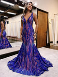 Sexy Charming Mermaid V Neck Blue Sequined Lace Long Prom Dress Evening Dresses HZ1121