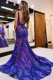 Sexy Charming Mermaid V Neck Blue Sequined Lace Long Prom Dress Evening Dresses HZ1121