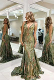 Sexy Charming Mermaid V Neck Blue Sequined Lace Long Prom Dress Evening Dresses HZ1121