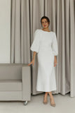 Classy Elegant White Puff Short Sleeves Backless White Midi Dress Wedding Guest Dress Prom Dresses HZ1121