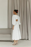 Classy Elegant White Puff Short Sleeves Backless White Midi Dress Wedding Guest Dress Prom Dresses HZ1121
