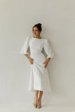 Classy Elegant White Puff Short Sleeves Backless White Midi Dress Wedding Guest Dress Prom Dresses HZ1121