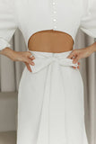 Classy Elegant White Puff Short Sleeves Backless White Midi Dress Wedding Guest Dress Prom Dresses HZ1121