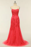 Elegant Mermaid Spaghetti Straps Long Prom Dress With Appliques Lace Evening Dresses HZ1121