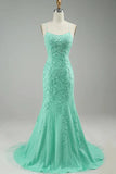Elegant Mermaid Spaghetti Straps Long Prom Dress With Appliques Lace Evening Dresses HZ1121