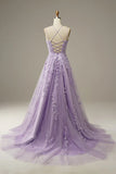 A-Line Purple Spaghetti Straps Long Prom Dress with Appliques Birthday Outfits Party Dress Formal Dress HZ1121