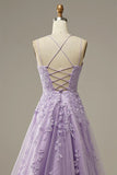 A-Line Purple Spaghetti Straps Long Prom Dress with Appliques Birthday Outfits Party Dress Formal Dress HZ1121