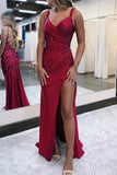 Sparkly Dark Red V Neck Sequins Long Prom Dress with Slit Birthday Outfits Party Dress Formal Dress HZ1121