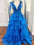 Modest Ball Gown V-neck Long Prom Dress with Ruffle Skirt Birthday Outfits Party Dress Formal Dress HZ1121