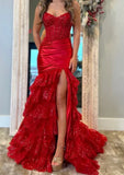 Classy Elegant Red Mermaid Long Prom Dress with Ruffle Skirt Wedding Guest Dress Prom Dresses HZ1121