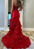 Classy Elegant Red Mermaid Long Prom Dress with Ruffle Skirt Wedding Guest Dress Prom Dresses HZ1121