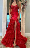 Classy Elegant Red Mermaid Long Prom Dress with Ruffle Skirt Wedding Guest Dress Prom Dresses HZ1121