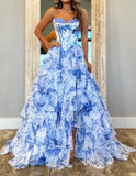 Classy Elegant Ball Gown Floral Blue Print Strapless Long Prom Dress With Chiffon Ruffle Skirt Prom Dresses HZ1121