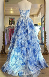 Classy Elegant Ball Gown Floral Blue Print Strapless Long Prom Dress With Chiffon Ruffle Skirt Prom Dresses HZ1121