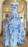 Classy Elegant Ball Gown Floral Blue Print Strapless Long Prom Dress With Chiffon Ruffle Skirt Prom Dresses HZ1121