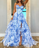 Classy Elegant Ball Gown Floral Blue Print Strapless Long Prom Dress With Chiffon Ruffle Skirt Prom Dresses HZ1121