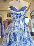 Classy Elegant Ball Gown Floral Blue Print Strapless Long Prom Dress With Chiffon Ruffle Skirt Prom Dresses HZ1121