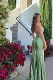 Elegant Hot Mermaid Spaghetti Straps Green Long Prom Dress with Cross Back Prom Dresses HZ1121
