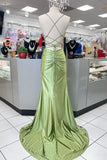 Elegant Hot Mermaid Spaghetti Straps Green Long Prom Dress with Cross Back Prom Dresses HZ1121