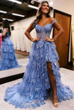 Elegant Prom Dresses Formal Court Train Sleeveless Off Shoulder Tulle with Sequin Slit Evening Dresses HZ1121