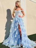 Elegant Prom Dresses Formal Court Train Sleeveless Off Shoulder Tulle with Sequin Slit Evening Dresses HZ1121