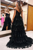 Elegant Prom Dresses Formal Court Train Sleeveless Off Shoulder Tulle with Sequin Slit Evening Dresses HZ1121