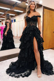 Elegant Prom Dresses Formal Court Train Sleeveless Off Shoulder Tulle with Sequin Slit Evening Dresses HZ1121