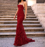 Stunning Mermaid Spaghetti Straps Dark Red Lace Long Prom Dress Evening Dresses HZ1121
