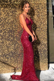 Stunning Mermaid Spaghetti Straps Dark Red Sequin Long Prom Dress Evening Dresses HZ1121
