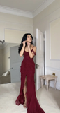 Sexy Burgundy Ruffles Chiffon Slit Prom Dress Mermaid Evening Dress Charming Party Dress HZ1121
