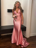 Pretty V Neck Pink Satin Mermaid Sleeveless Long Prom Dress HZ1121