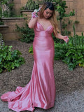 Pretty V Neck Pink Satin Mermaid Sleeveless Long Prom Dress HZ1121